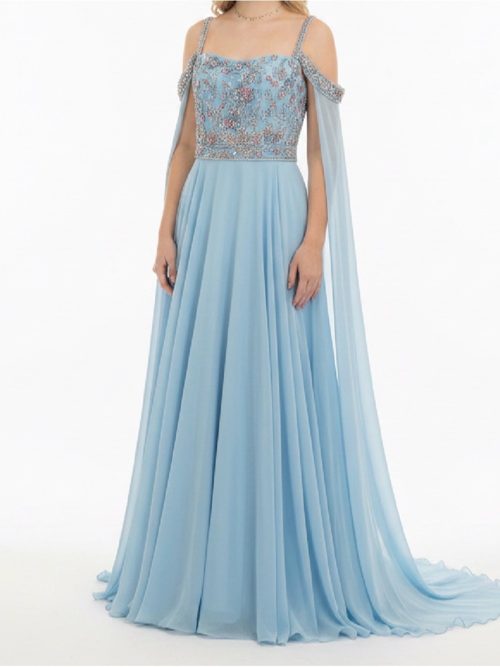 Sherri Hill Light Blue Off-Shoulder Beaded Chiffon Gown